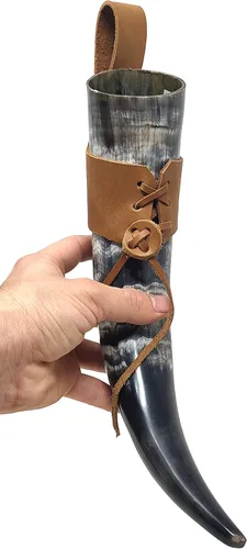 Vista 8 de Viking - Juego de tazas de cuerno para beber (6 piezas) jarra, correa de cuero, abrebotellas, vaso de chupito, 16 onzas, grabado Dire-Wolf