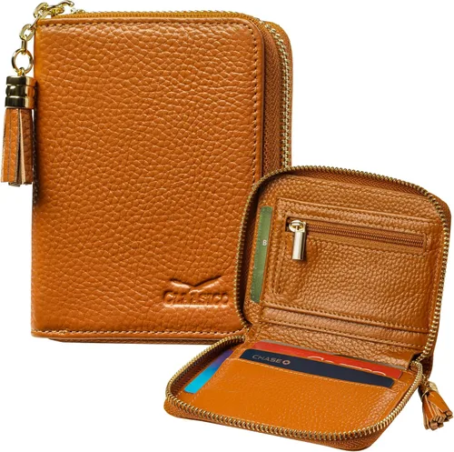 Vista 11 de Claasico Cartera Bifold para mujer con bloqueo RFID Cartera de piel auténtica con cremallera y bolsillo para monedas para mujer Elegante soporte