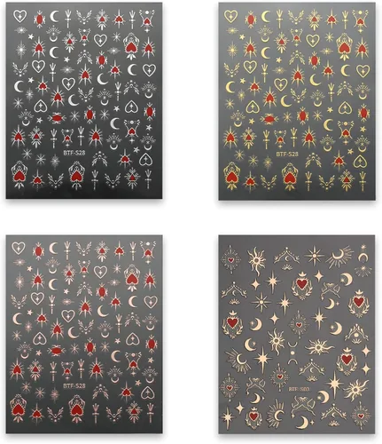 Vista 5 de 8 hojas de calcomanías doradas para arte de uñas, sol, estrella, luna bronceadora, calcomanías de uñas autoadhesivas 3D, calcomanías de uñas