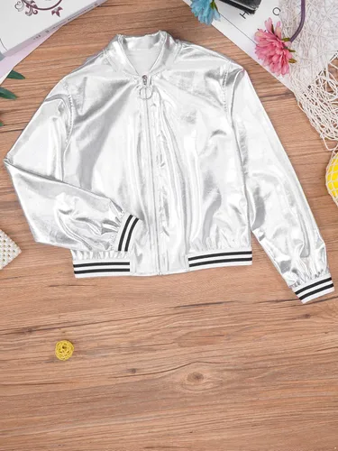 Vista 6 de YiZYiF Conjunto de ropa de baile para niños y niñas, disfraz de hip hop, jazz, chaqueta bomber metálica brillante con pantalones de cintura alta