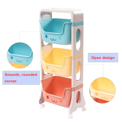 Vista 3 de Organizador de almacenamiento de juguetes para niños, carrito rodante de 3 niveles, decoración de sala de juegos para niños, estante de actividades