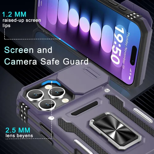 Vista 120 de DEERLAMN Funda para iPhone Xs Max con funda deslizante para cámara + protector de pantalla, soporte giratorio de anillo de grado militar a prueba