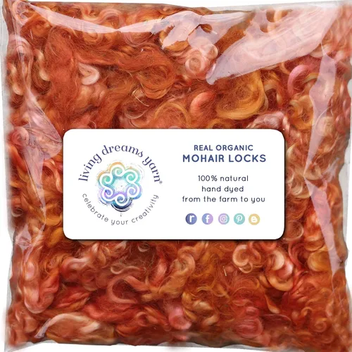 Vista 9 de Cierres de mohair reales. Fibra de lana teñida a mano orgánica para cabello y pelucas de muñeca, fieltro, mezcla, hilado, tapices y adornos. Henna