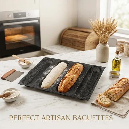 Vista 7 de Dioycli Molde de pan de silicona para hornear pan grande de baguette sartén perforada para bollos de perritos calientes, 4 panes, alfombrilla