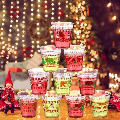 Vista 3 de Funtery 24 Piezas Vasos de Chupito de Plástico con Diseño de Suéter Feo de Navidad 1.7 oz Vasos de Chupito Navideños Mini Desechables a Granel Árbol