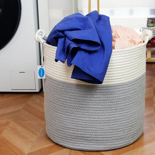 Vista 5 de Casaphoria Cesta de cuerda de algodón tejida con asa para dormitorio, cesta de almacenamiento redonda para baño, canasta grande para manta para sala