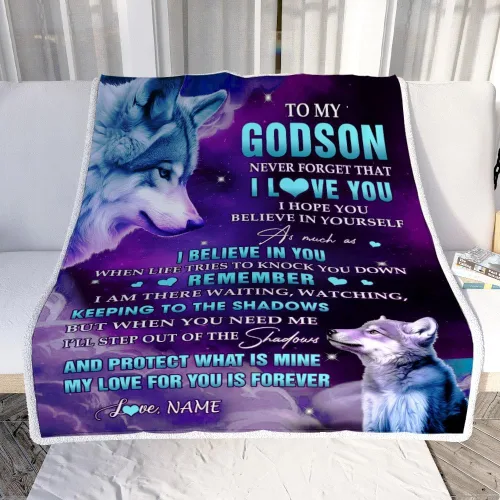 Vista 2 de Manta personalizada con texto en inglés «To My Godson», de Godmother Godmother Wolf Moon, My Love for You is Forever Godson Birthday Christmas