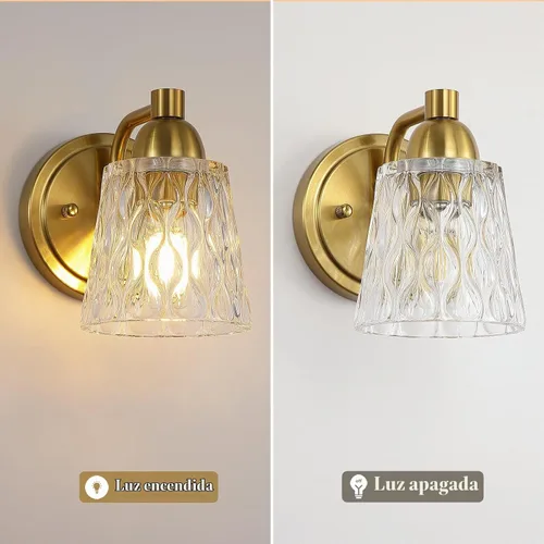 Vista 8 de Mecgirn Lámpara de tocador de baño de acero inoxidable sobre el espejo, 1 lámpara de baño dorada cepillada con pantallas de vidrio texturizado Oro