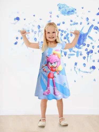 Vista 2 de EZDRESS Vestido de verano para niñas, estampado de erizo de dibujos animados, vestidos casuales para niños pequeños, ropa para el hogar, vestido