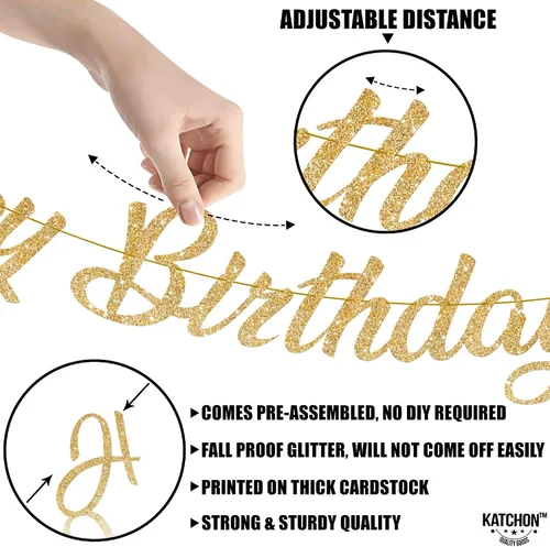 Vista 5 de KatchOn, Cartel de feliz cumpleaños dorado con purpurina – 10 pies, pre-encordado Letrero dorado de feliz cumpleaños para decoraciones doradas