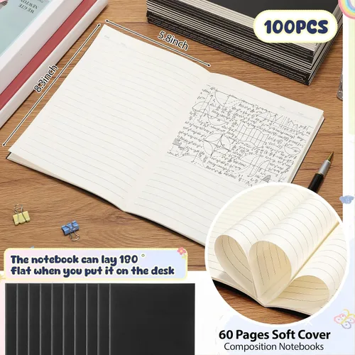 Vista 7 de Handepo 100 Pack A5 Composition Notebooks Bulk 5"x8" Notebooks,Black Wide Ruled Composition Notebooks Bulk, Soft Cover 60 Pages, Bulk Journals for