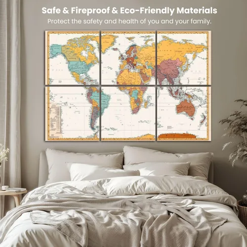 Vista 5 de Paneles acústicos artísticos antiguos de color retro con mapa político del mundo están separadas claramente, paquete de 6 paneles de pared