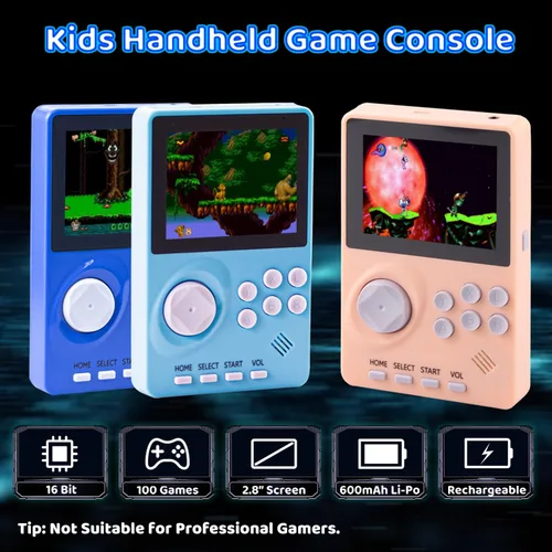 Vista 2 de Consola de videojuegos portátil para niños, 100 juegos de 16 bits, consola de juegos retro de mano, consola de juegos fácil de viajar, pantalla a