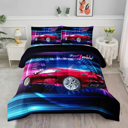 Vista 41 de Juego de edredón para niños Axolotl, tamaño individual, juego de ropa de cama con diseño de autos de carreras para niños, niñas, adolescentes