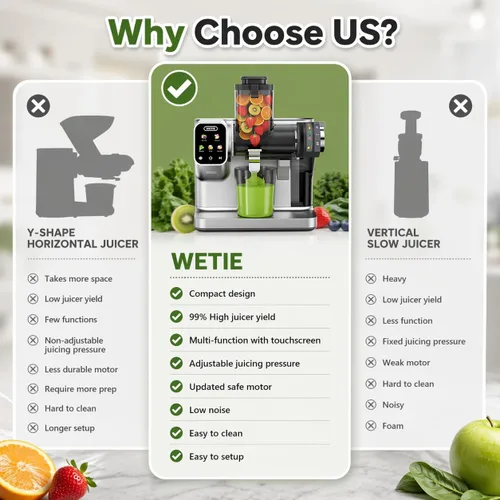 Vista 9 de WETIE Exprimidor de Prensa Fría, Potentes Máquinas Exprimidoras con Presión de Exprimido Ajustable, 99% de Alto Rendimiento de Jugo, Exprimidor