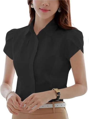 Vista 9 de Blusa de algodón con cuello para mujer de negocios casual con botones tipo polo manga tulipán