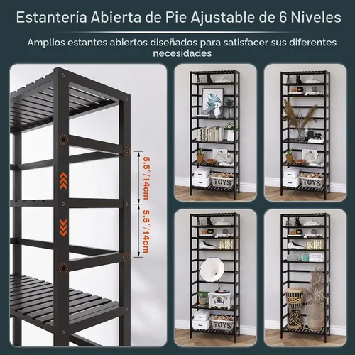 Vista 7 de HITNET Estantería de bambú, estantería abierta de 6 niveles con estantes ajustables, estante de almacenamiento de pie para sala de estar, baño, Negro