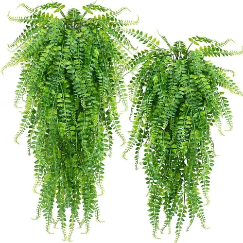Vista 8 de Plantas colgantes artificiales, paquete de 2 helechos colgantes falsos, hiedra falsa, helecho de Boston, plantas colgantes al aire libre resistentes