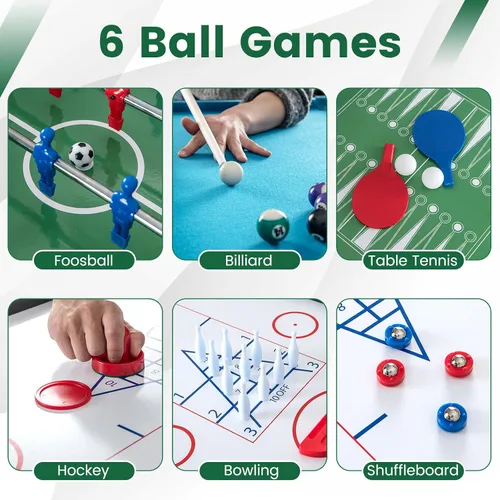 Vista 3 de Goplus Mesa de juego múltiple 12 en 1, mesa de juego combinada con futbolín, billar, tenis de mesa, hockey de aire, bolos, tejo, damas, ajedrez