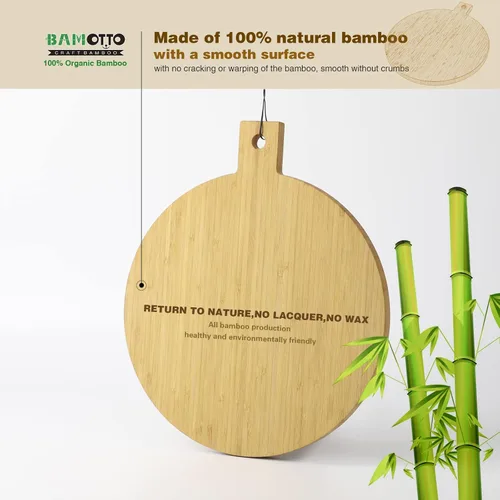 Vista 3 de BAMOTTO CRAFTBAMBOO Tabla de cortar redonda 100% bambú con mango de 13 x 11 x 0.63 pulgadas, tabla de charcutería decorativa para colgar, bandeja