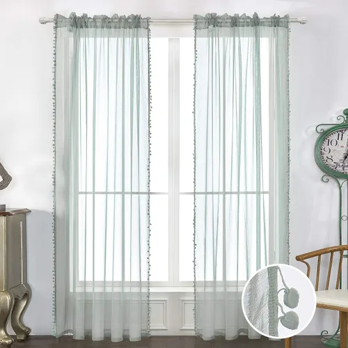 Vista 2 de MISS SELECTEX Cortinas semitransparentes con aspecto de lino y borlas de pompones - Cortinas de gasa semitransparentes con bolsillo para varilla