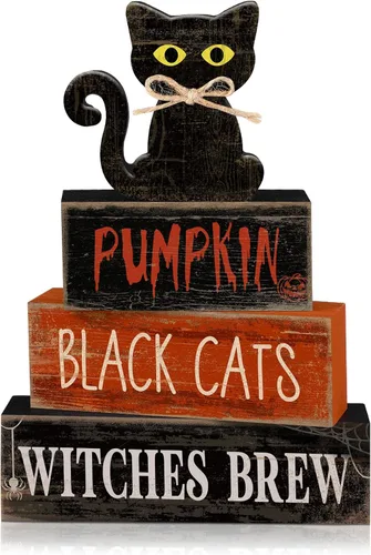 Vista 125 de Lineshading 4 piezas de decoración de mesa de Halloween espeluznante café apilado, decoración de bloques apilados de madera, letreros con tapa