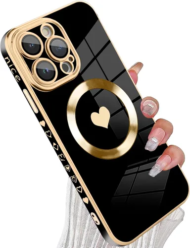 Vista 43 de tharlet Funda Magnética para iPhone 11 [Compatible con Magsafe] Lindo Corazón de Amor de Lujo Chapado Borde Dorado Parachoques con Lente de Cámara