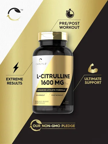Vista 5 de Carlyle L Citrulina 1600mg 200 cápsulas para hombres y mujeres Fórmula avanzada para atletas Suplemento sin OMG y sin gluten