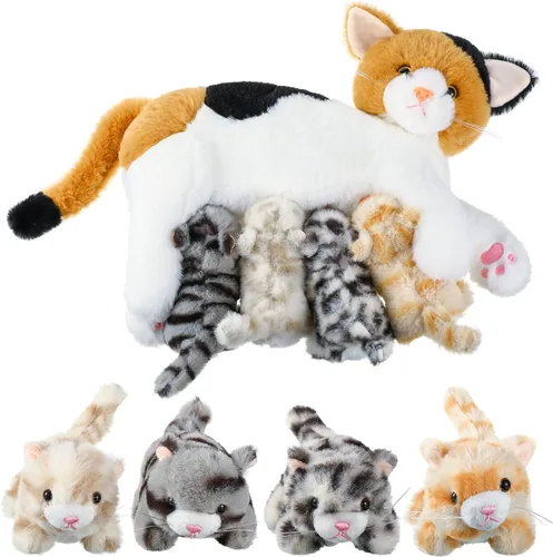 Vista 8 de Skylety Animal de peluche Nurturing con 4 gatitos de peluche, gatos de peluche para niñas y niños, mamá gatita de peluche con gatitos para regalos