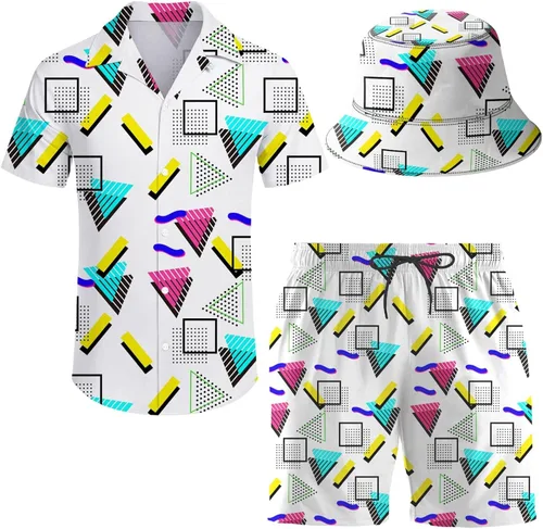 Vista 28 de Conjunto deportivo de 2 piezas para hombre, camisa hawaiana, pantalones cortos, camisa con botones y pantalones cortos con sombreros de pescador
