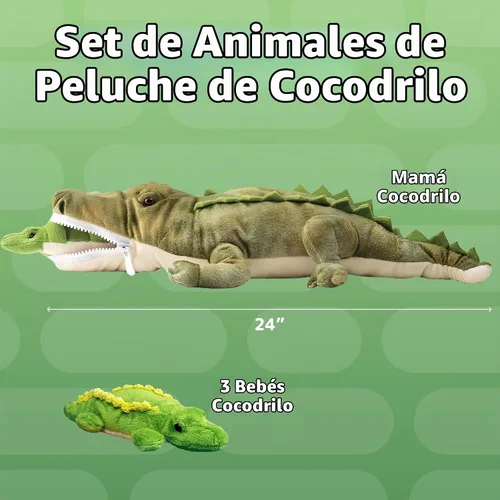 Vista 3 de PREXTEX Juguetes de peluche de cocodrilo con 3 animales de peluche de cocodrilo para bebés, cremalleras de cocodrilo, 3 pequeños cocodrilos