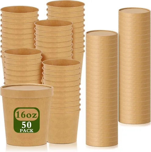 Vista 13 de Paquete de 100 recipientes de papel de 4 onzas para sopa con tapas ventiladas, recipientes desechables para alimentos, tazas de helado de estraza