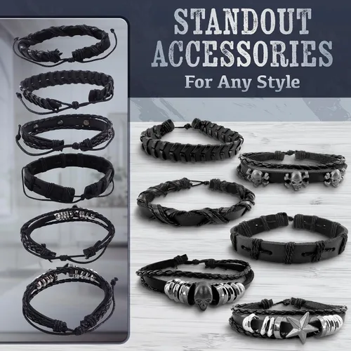Vista 4 de 6 pulseras emo de cuero para hombres y mujeres, joyas góticas ajustables punk rock, diseños de estrellas de calavera, se adapta a muñecas de 7 a 11