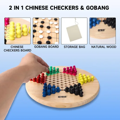 Vista 3 de GSE Games & Sports Expert Juego de mesa 2 en 1 de madera natural de 11.5 pulgadas con 66 clavijas y piedras de madera colorida, juego de estrategia