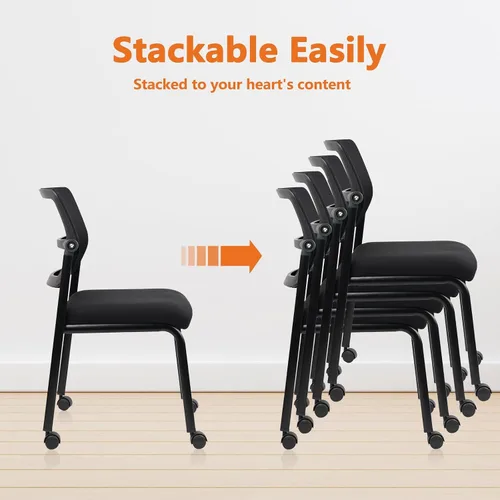 Vista 6 de CLATINA Silla de oficina apilable de malla con ruedas, sin brazos, silla apilable con soporte lumbar ergonómico y cojín de asiento de cuero
