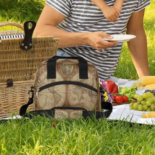 Vista 2 de Bolsa de almuerzo con diseño de globo y mapa del mundo, organizador aislante, impermeable, para hombres y mujeres, bolso de mano, correa ajustable
