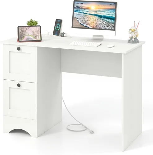 Vista 11 de GIANTEX - Escritorio para computadora con 2 cajones, escritorio de madera para oficina en casa de 43 pulgadas con estación de carga, escritorio