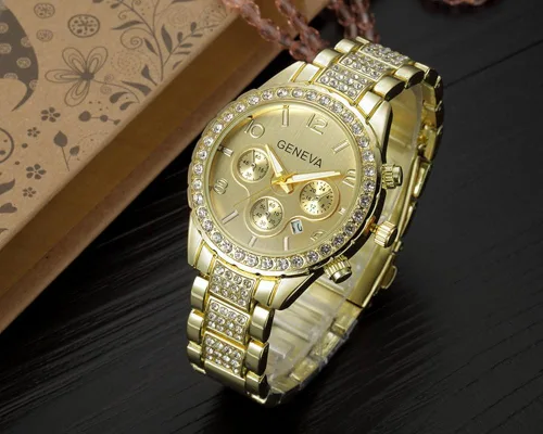 Vista 2 de FANMIS Reloj de acero inoxidable con calendario de cuarzo dorado unisex de lujo, Oro, Cronógrafo, movimiento de cuarzo