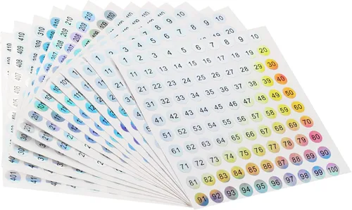 Vista 6 de 10 hojas de 1 a 100 etiquetas adhesivas redondas reflectantes con números láser, autoadhesivas para almacenamiento de inventario, botellas