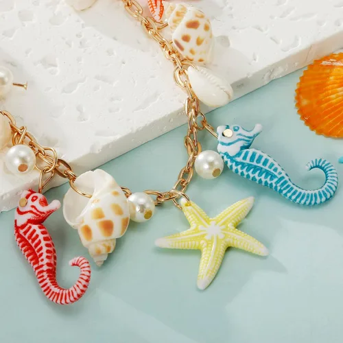 Vista 6 de Collar de estrella de mar de concha, pulsera de caracola, collar grueso de sirena, joyería de playa para mujer