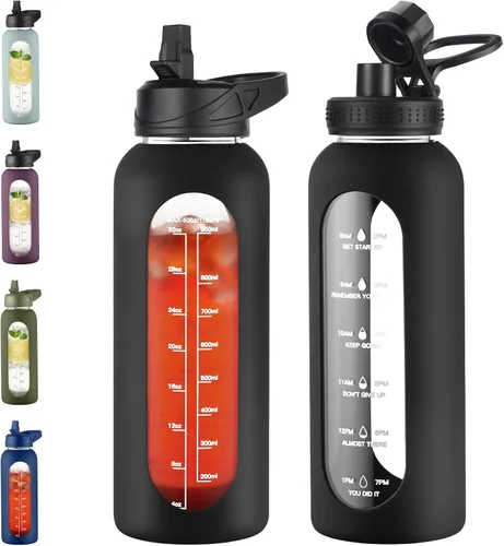 Vista 14 de EALGRO Botella de agua de vidrio de 32 onzas con popote y asa, frasco de agua motivacional deportivo con funda de silicona, taza grande a prueba
