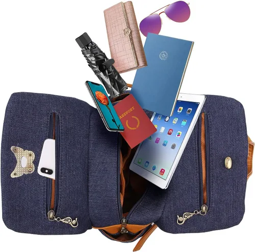 Vista 6 de Denim bordado floral lona mochilas para mujeres antirrobo retro jeans viaje estilo étnico bolso de hombro, MochilaBolso, Unitalla, Jean Azul Marino