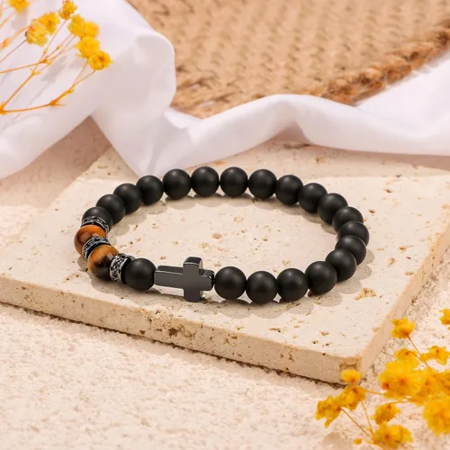 Vista 3 de Pulsera de cruz para hombres, para papá, hijo, nieto, marido, padrino, tío sobrino, hermano, regalo inspirador de ojo de tigre, pulsera curativa