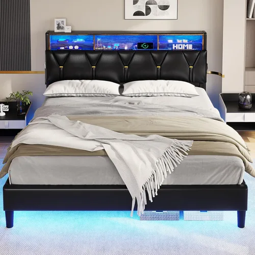 Vista 6 de BTHFST Marco de cama tamaño completo con luces LED y estación de carga, marco de cama LED tamaño completo con almacenamiento de cabecero, cama