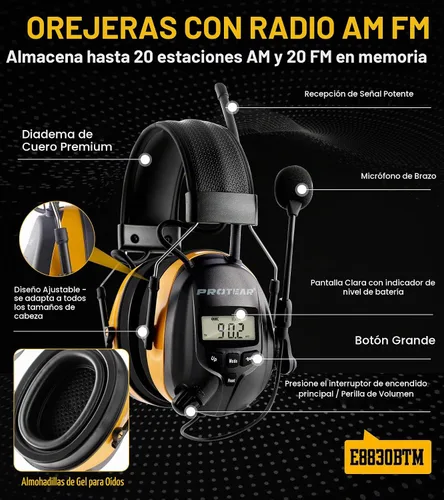 Vista 4 de AM FM Radio Hearing Protection Earmuff, Bluetooth 5.4, 30SNR Am/Fm + Bluetooth + Micrófono amarillo
