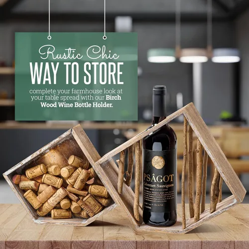 Vista 4 de Soporte para botellas de vino – Estante individual de madera de abedul rústico para botellas de vino con soporte de corcho, vitrina de madera