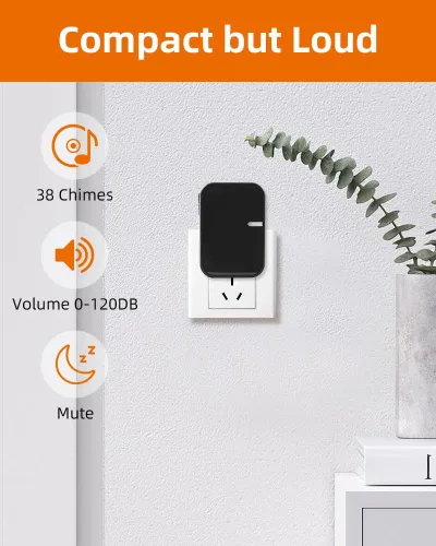 Vista 4 de Timbre inalámbrico sin batería, no necesita pilas, fácil instalación, rango de 600 pies, 38 campanillas, volumen ajustable, impermeable para aula