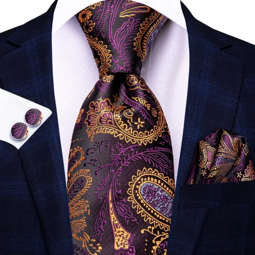 Vista 64 de Hi-Tie Corbatas de seda para hombre, diseño de cachemira a rayas, con bolsillo, gemelos cuadrados, conjunto formal de negocios