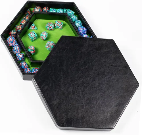 Vista 6 de DND - Bandeja de dados hexagonal 2 en 1, material de piel sintética, color verde, compatible con D&D, MTG, Dice Arena