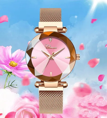 Vista 3 de BESTKANG Reloj analógico de cuarzo para mujer, esfera 3D, correa de malla rosa, reloj de pulsera para niñas y mujeres